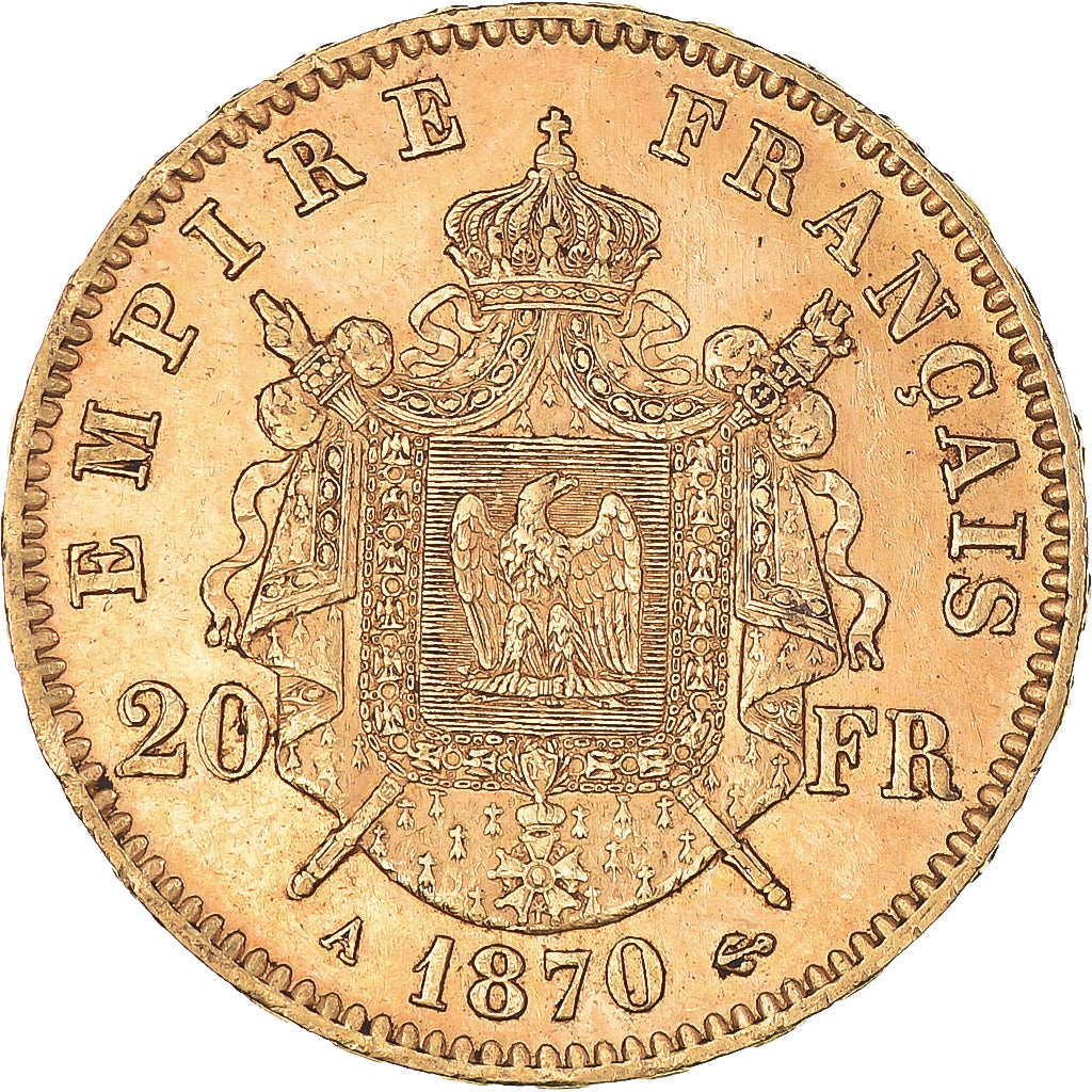 Moneta, Francja, Napoleon III, 20 Francs, 1870, Paris, AU(50-53), Złoto