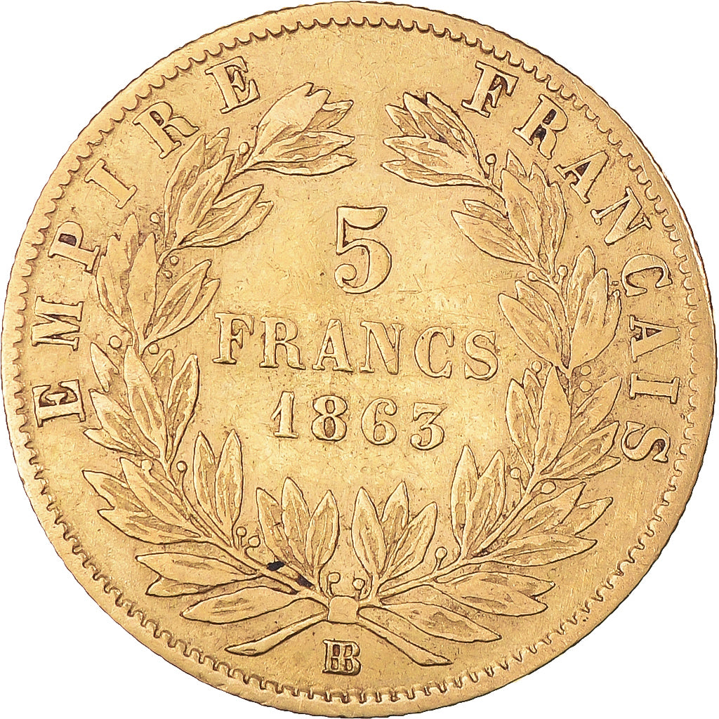 Monnaie, France, Napoleon III, 5 Francs, 1863, Strasbourg, TB+, Or, KM:803.2