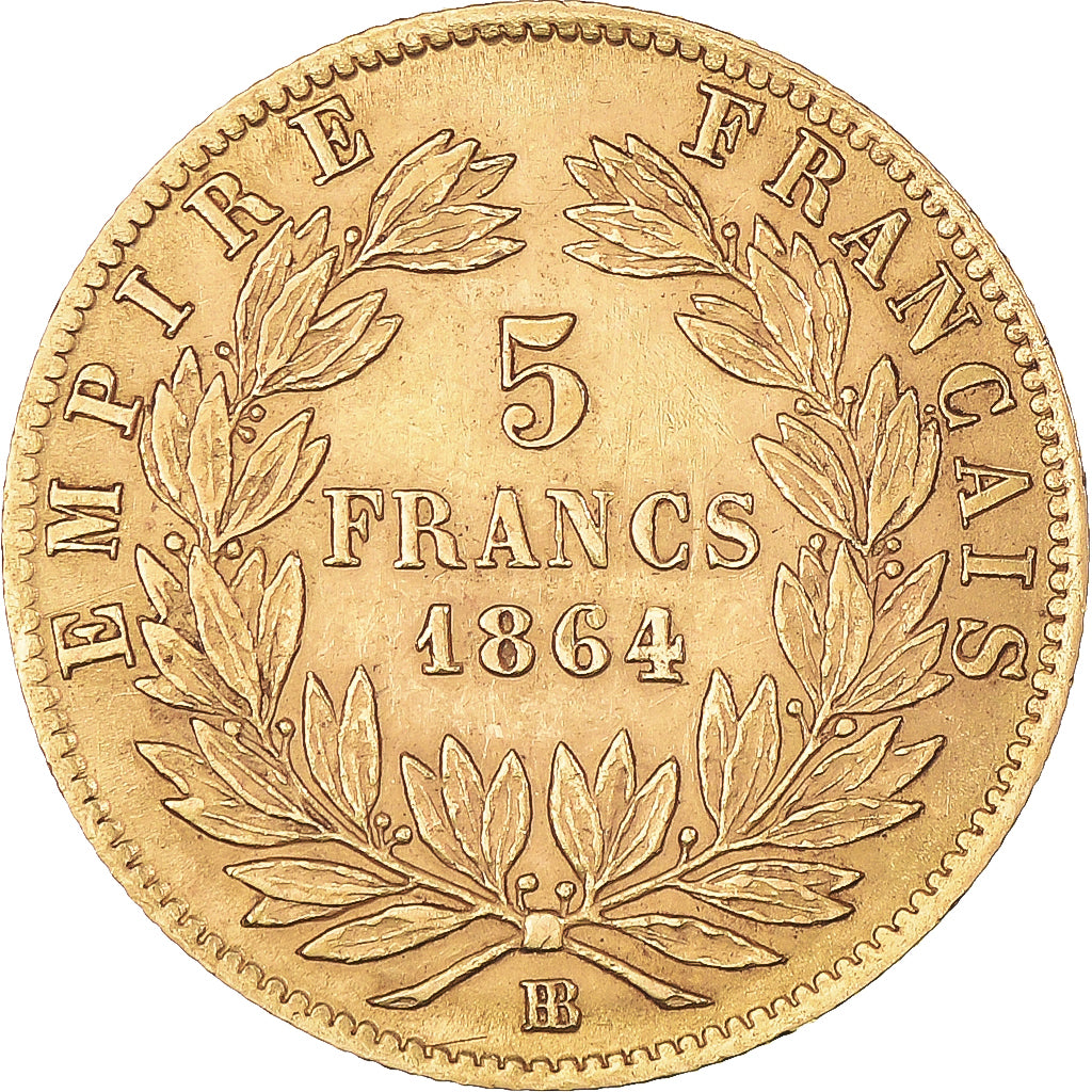 Coin, France, Napoleon III, 5 Francs, 1864, Strasbourg, EF(40-45), Gold