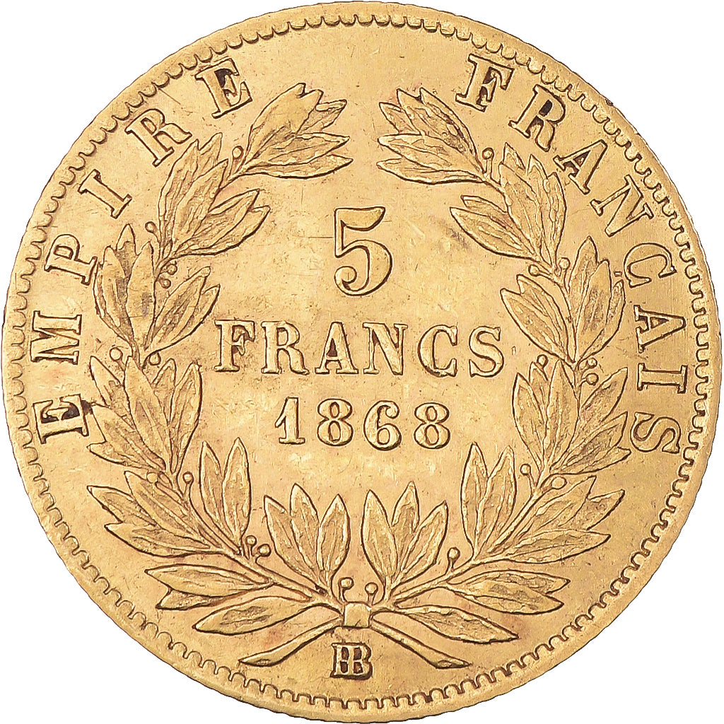 Moeda, França, Napoleon III, 5 Francs, 1868, Strasbourg, AU(50-53), Dourado