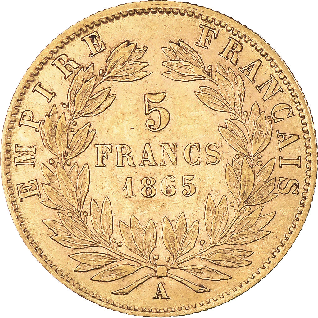 Coin, France, Napoleon III, 5 Francs, 1865, Paris, AU(55-58), Gold, KM:803.1