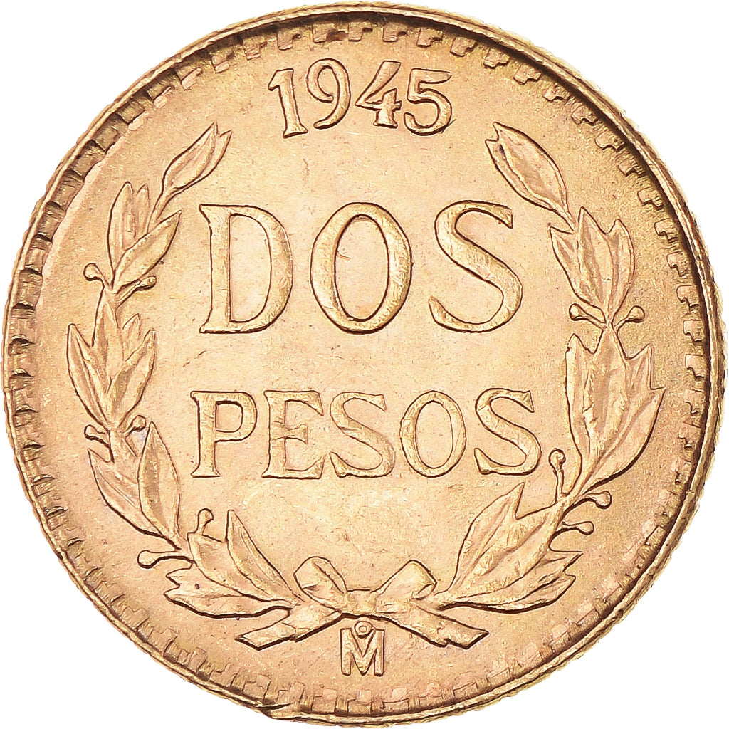 Coin, Mexico, 2 Pesos, 1945, Mexico City, MS(60-62), Gold, KM:461