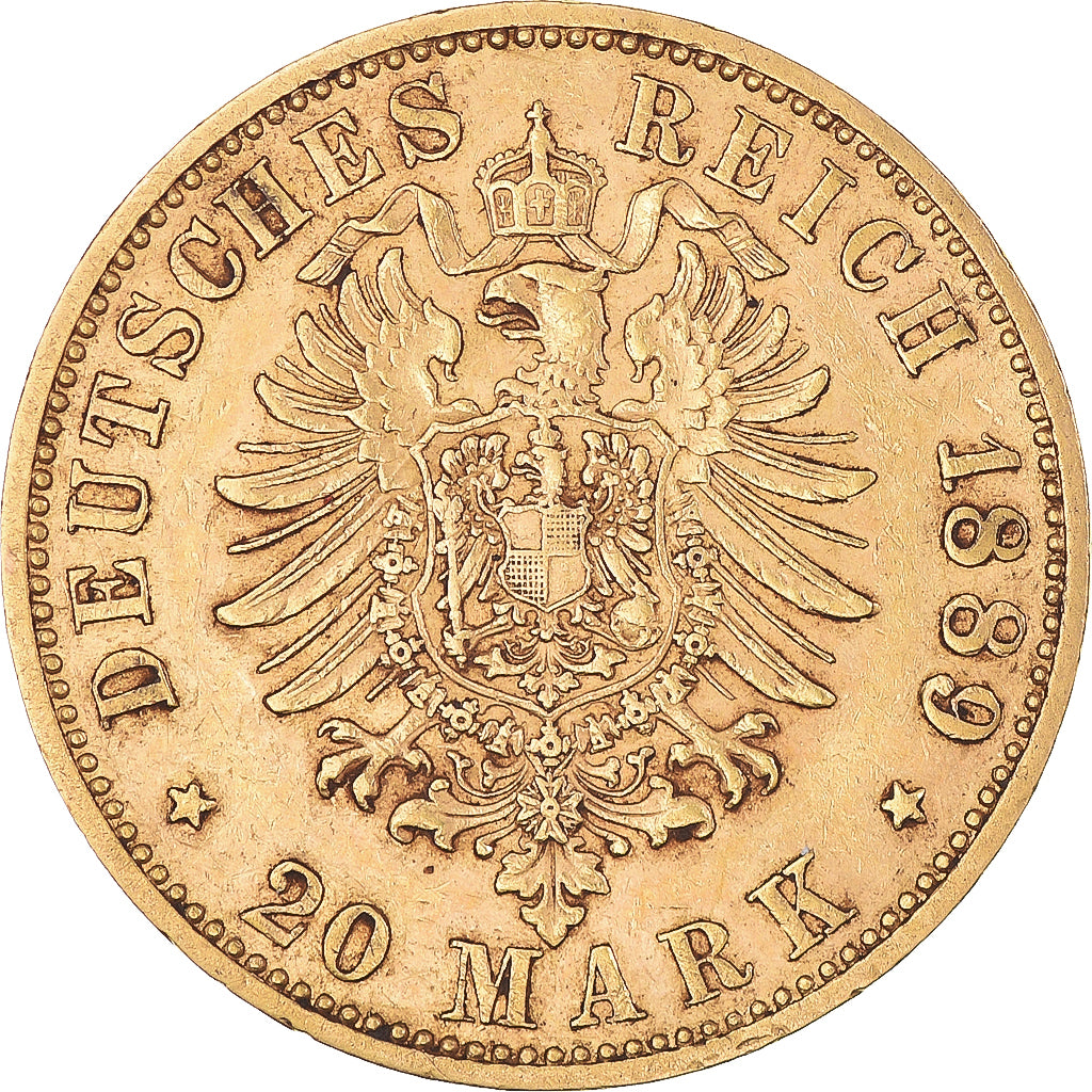 Coin, German States, PRUSSIA, Wilhelm II, 20 Mark, 1889, Berlin, AU(50-53)