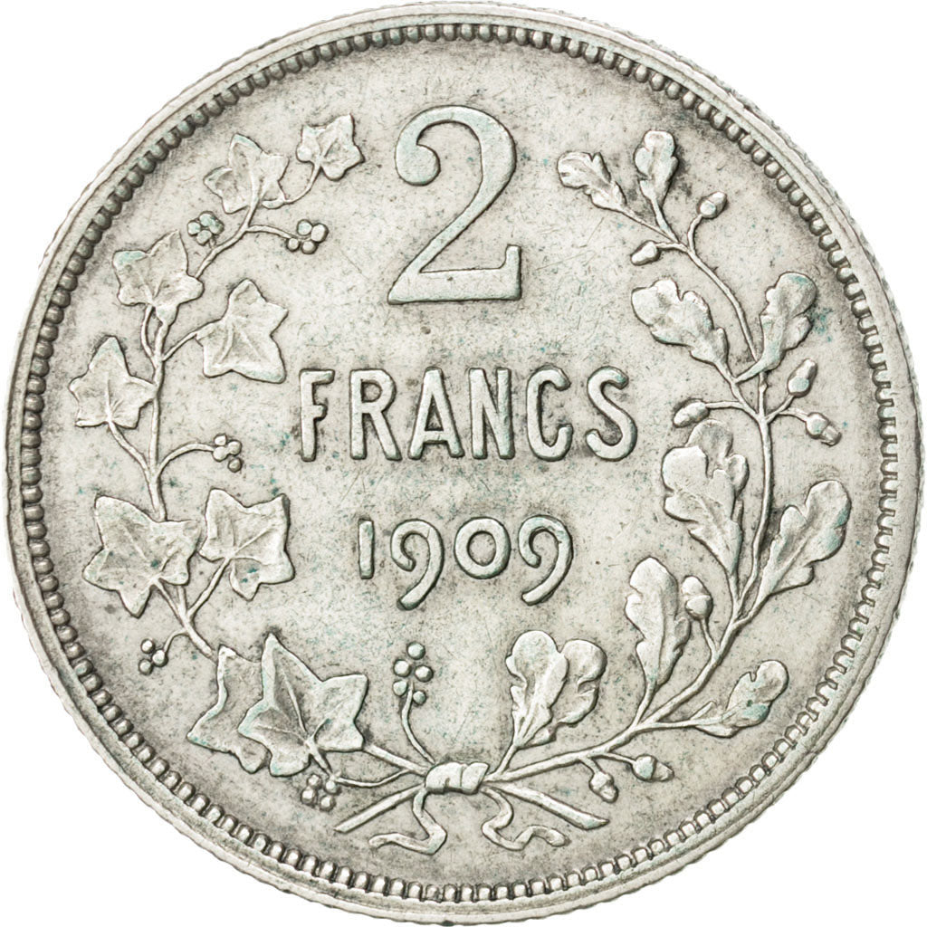 BELGIUM, 2 Francs, 2 Frank, 1909, KM #58.1, EF(40-45), Silver, 27.15, 10.01