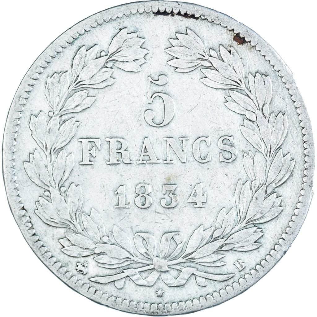 Moeda, França, Louis-Philippe, 5 Francs, 1834, Rouen, VF(20-25), Prata