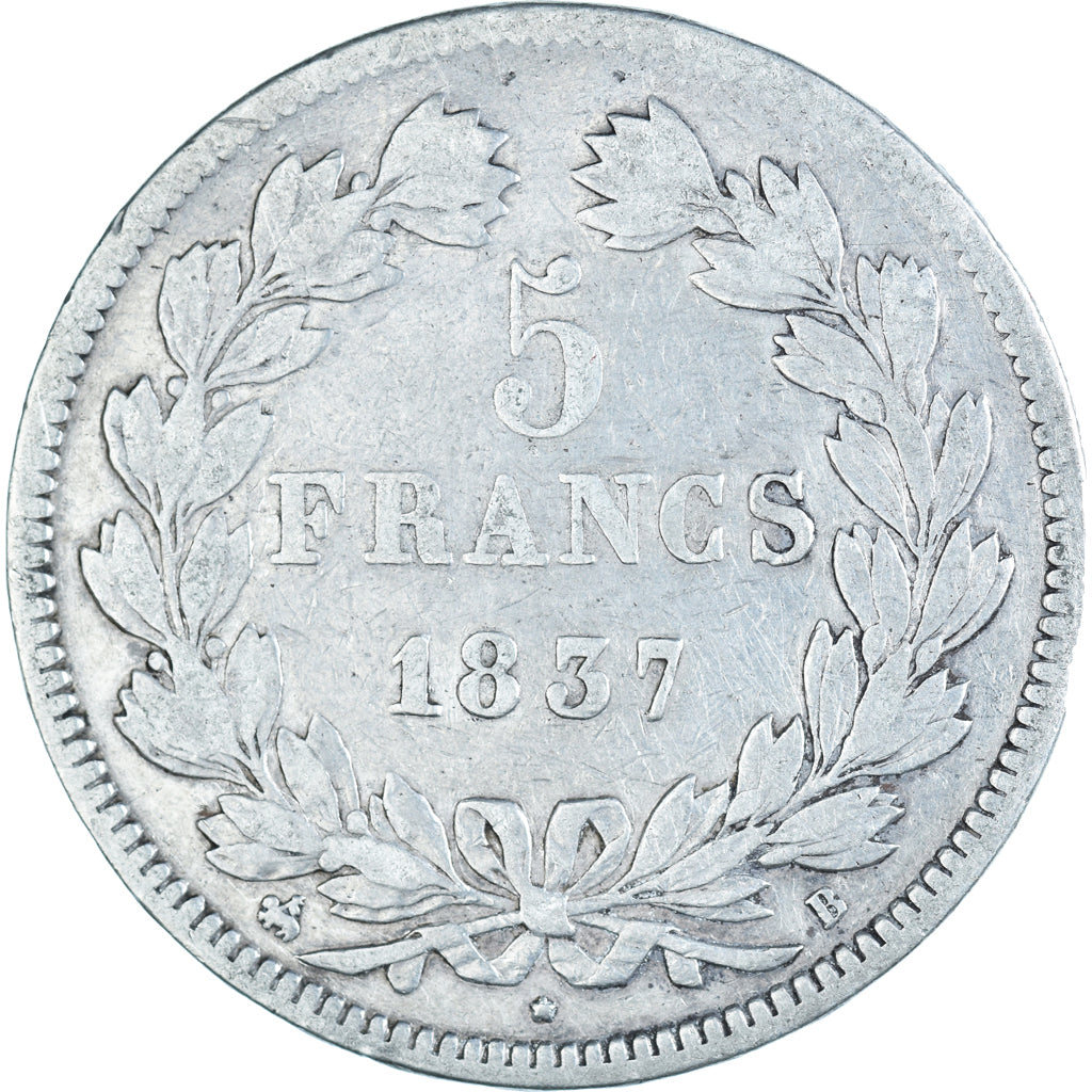 Coin, France, Louis-Philippe, 5 Francs, 1837, Rouen, VF(20-25), Silver