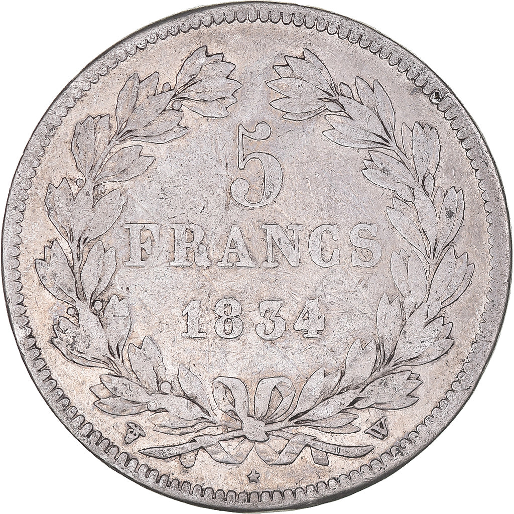 Coin, France, Louis-Philippe, 5 Francs, 1834, Lille, VF(20-25), Silver