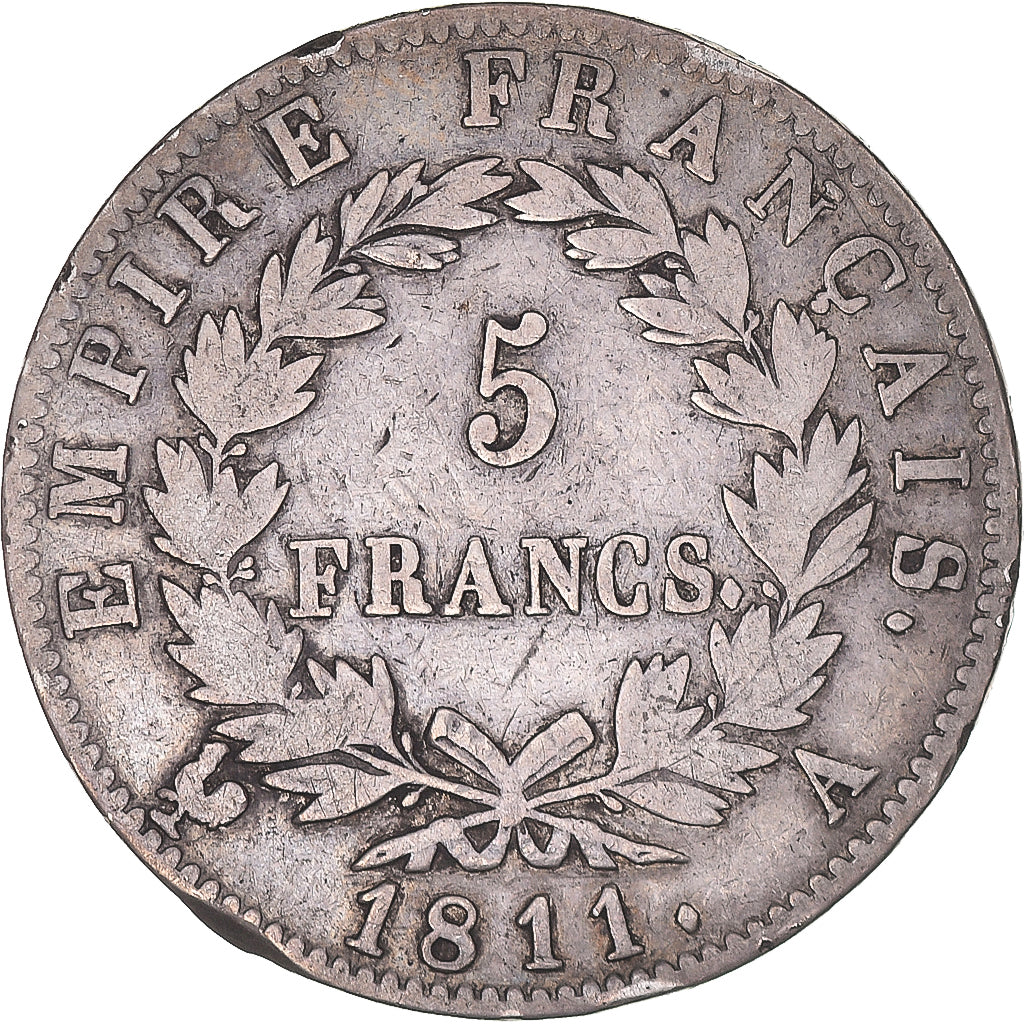 Moeda, França, Napoléon I, 5 Francs, 1811, Paris, VF(20-25), Prata, KM:694.1