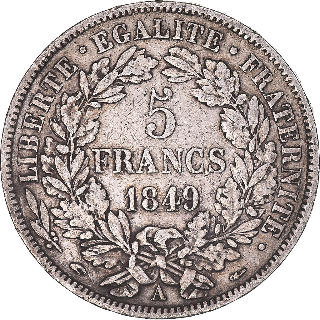 Coin, France, Cérès, 5 Francs, 1849, Paris, main-chien, VF(30-35), Silver