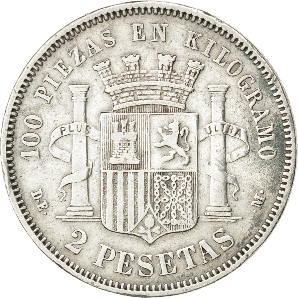 SPAIN, 2 Pesetas, 1870, KM #654, EF(40-45), Silver, 27, 9.93