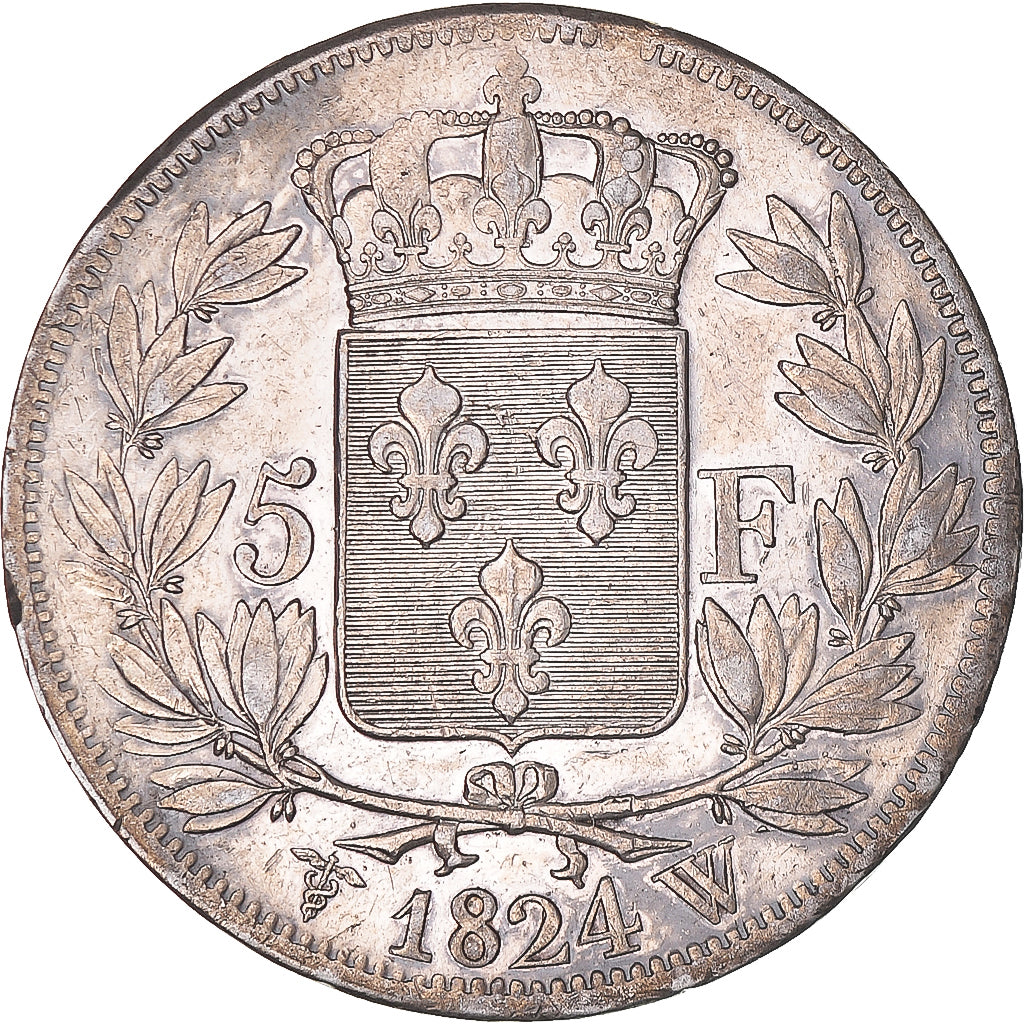 Moeda, França, Louis XVIII, 5 Francs, 1824, Lille, EF(40-45), Prata, KM:711.13