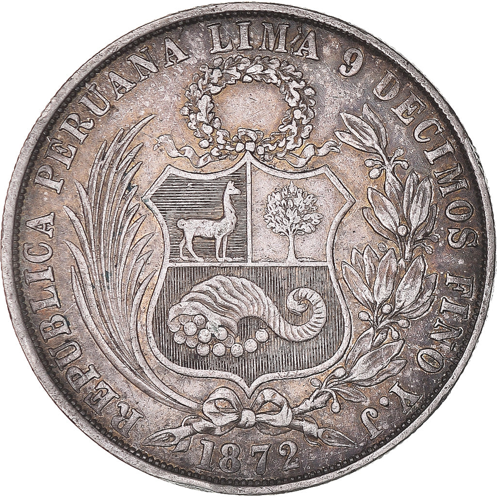 Moneda, Perú, SOUTH PERU, Sol, 1872, Lima, MBC, Plata, KM:196.3