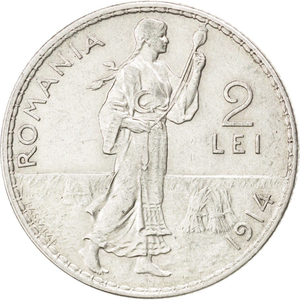 ROMANIA, 2 Lei, 1914, KM #43, AU(55-58), Silver, 27, 9.99