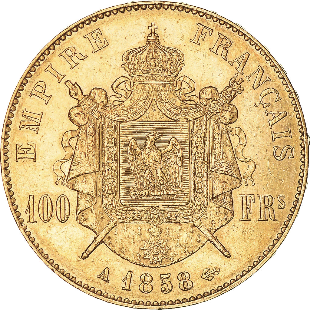 Moneta, Francia, Napoleon III, 100 Francs, 1858, Paris, BB+, Oro, KM:786.1