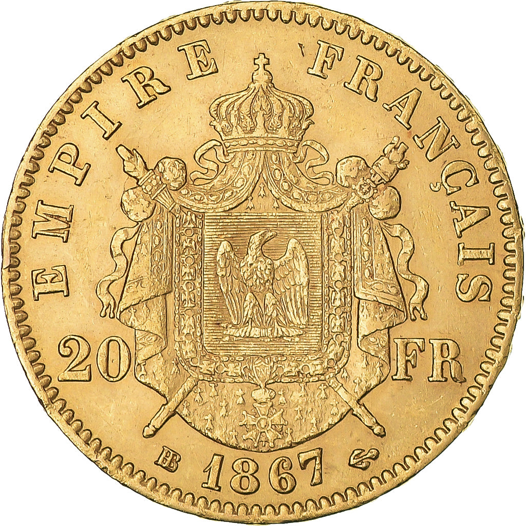 Münze, Frankreich, Napoleon III, 20 Francs, 1867, Strasbourg, VZ, Gold