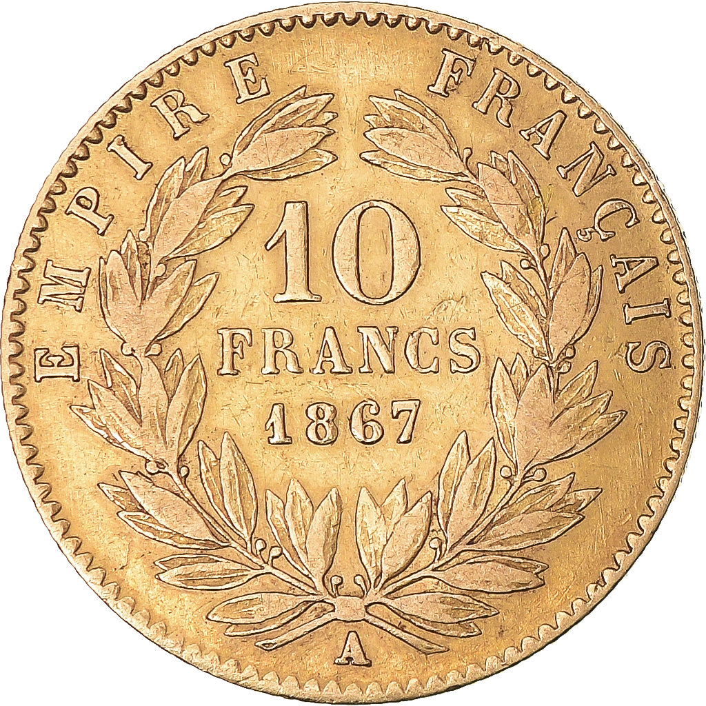 Moeda, França, Napoleon III, 10 Francs, 1867, Paris, EF(40-45), Dourado
