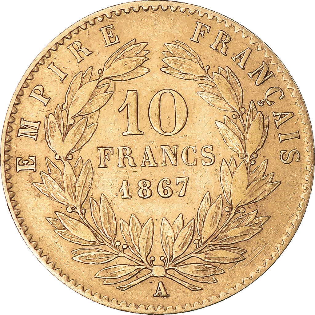 Moeda, França, Napoleon III, 10 Francs, 1867, Paris, EF(40-45), Dourado
