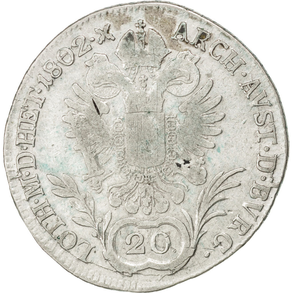 AUSTRIA, 20 Kreuzer, 1802, KM #2139, F(12-15), Silver, 26-28, 6.53