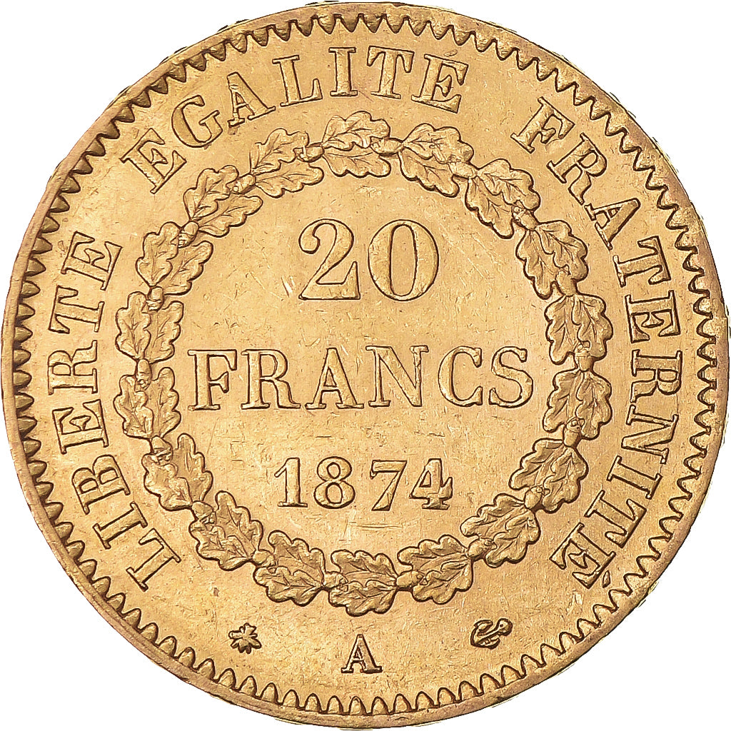 Moneda, Francia, Génie, 20 Francs, 1874, Paris, MBC+, Oro, KM:825, Gadoury:1063