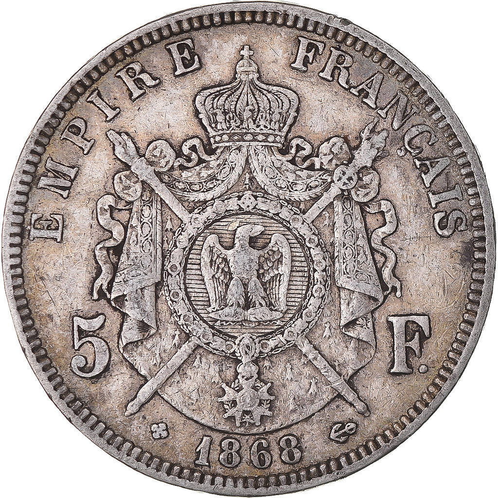 Moeda, França, Napoleon III, 5 Francs, 1868, Strasbourg, VF(30-35), Prata