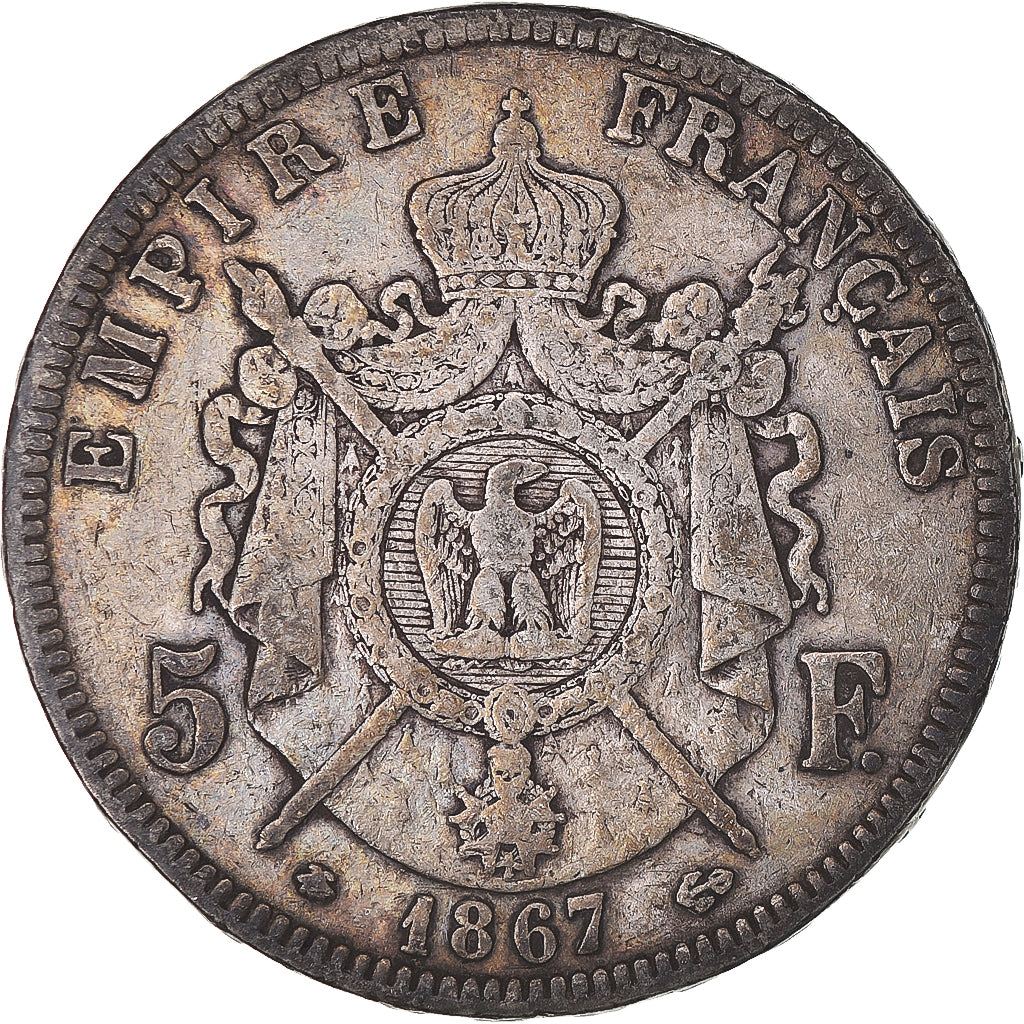 Moeda, França, Napoleon III, 5 Francs, 1867, Paris, VF(20-25), Prata, KM:799.1