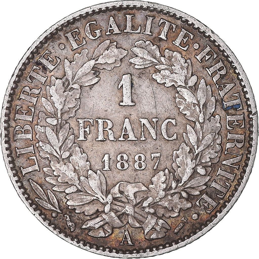 Moeda, França, Cérès, Franc, 1887, Paris, 1 Franc, EF(40-45), Prata