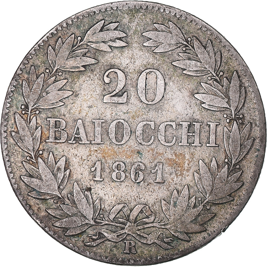 Moneta, DEPARTAMENTY WŁOSKIE, PAPAL STATES, Pius IX, 20 Baiocchi, 1861, Roma
