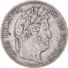 Moeda, França, Louis-Philippe, 5 Francs, 1837, Lille, VF(30-35), Prata