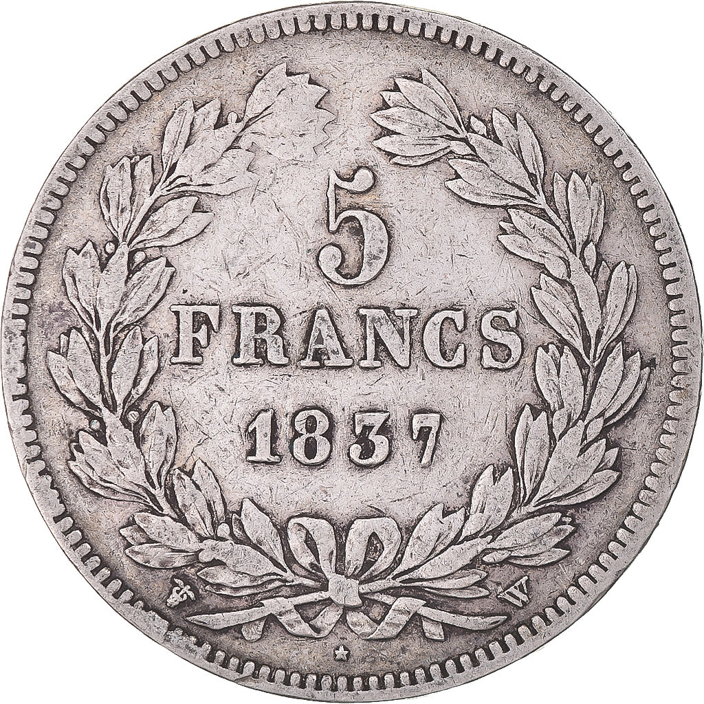 Moeda, França, Louis-Philippe, 5 Francs, 1837, Lille, VF(30-35), Prata