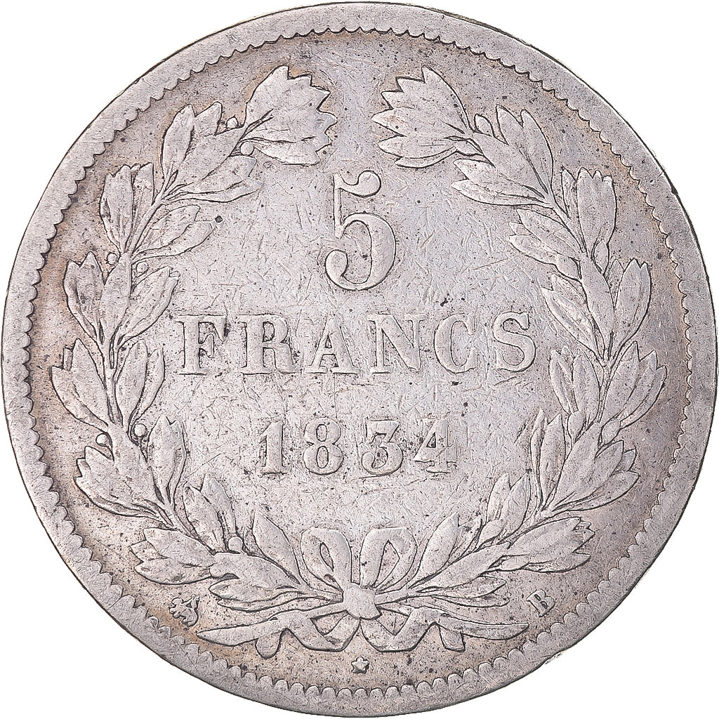 Coin, France, Louis-Philippe, 5 Francs, 1834, Rouen, VF(20-25), Silver