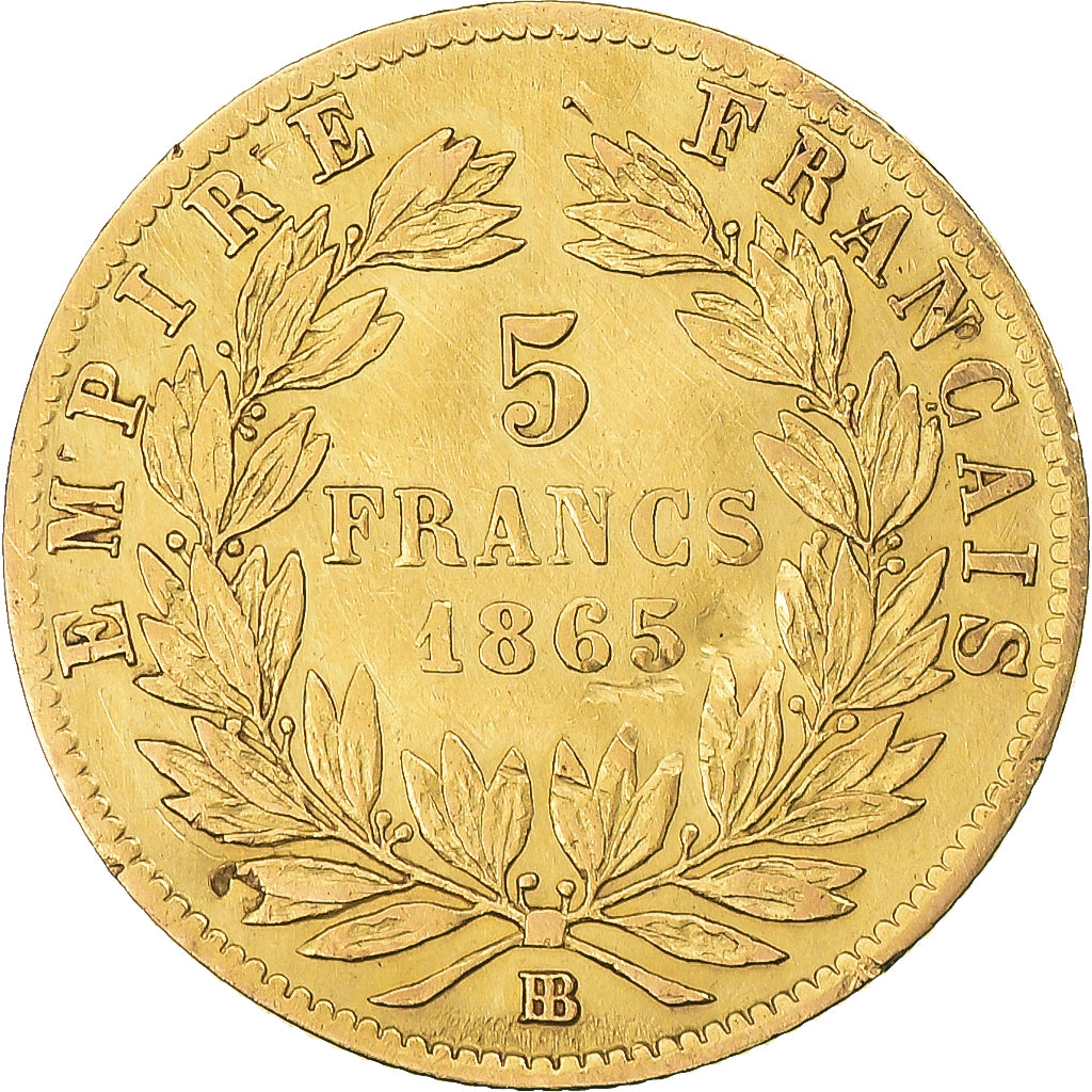 Moeda, França, Napoleon III, 5 Francs, 1865, Strasbourg, VF(30-35), Dourado