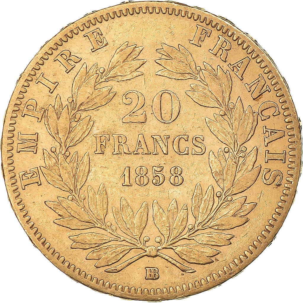 Moeda, França, Napoleon III, 20 Francs, 1858, Strasbourg, AU(50-53), Dourado
