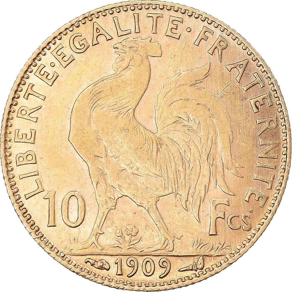 Moneda, Francia, Marianne, 10 Francs, 1909, Paris, MBC+, Oro, KM:846