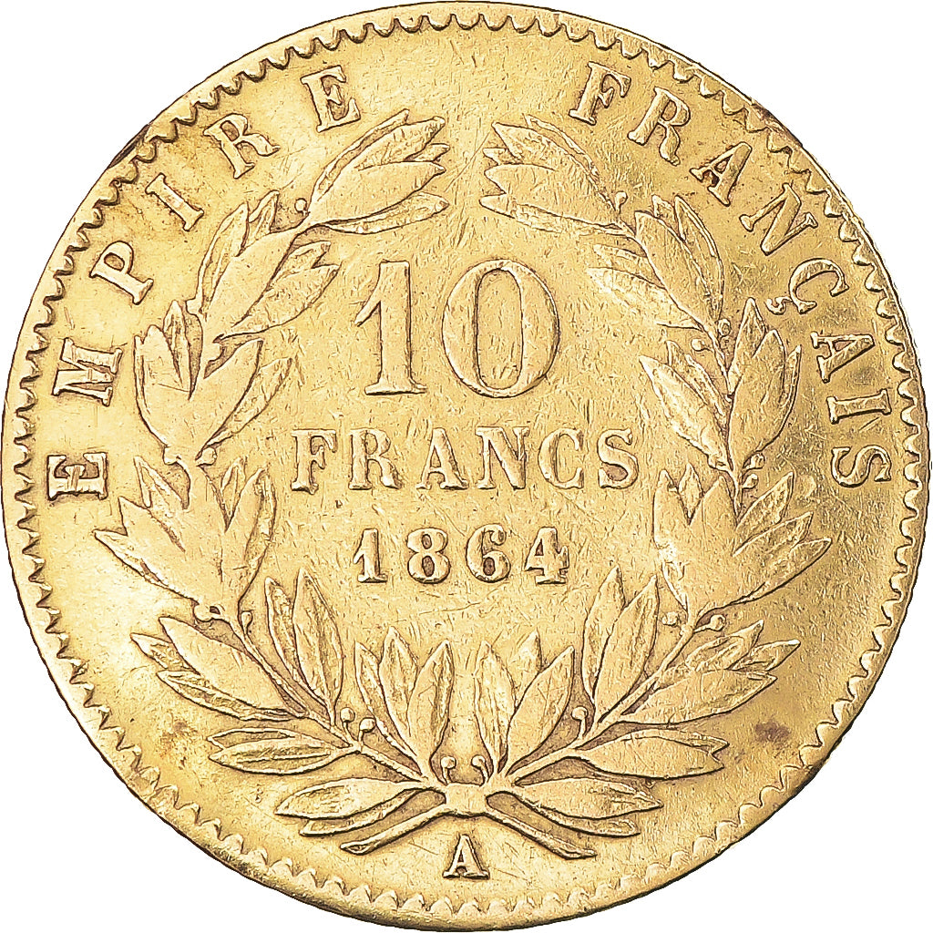 Moeda, França, Napoleon III, 10 Francs, 1864, Paris, VF(30-35), Dourado