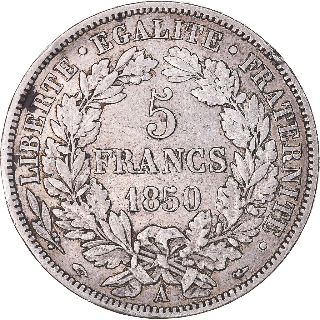 Moneta, Francia, Cérès, 5 Francs, 1850, Paris, MB+, Argento, KM:761.1