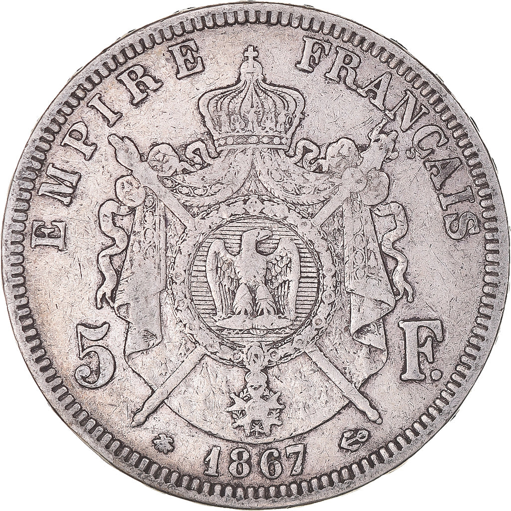 Moneta, Francia, Napoleon III, 5 Francs, 1867, Paris, MB, Argento, KM:799.1