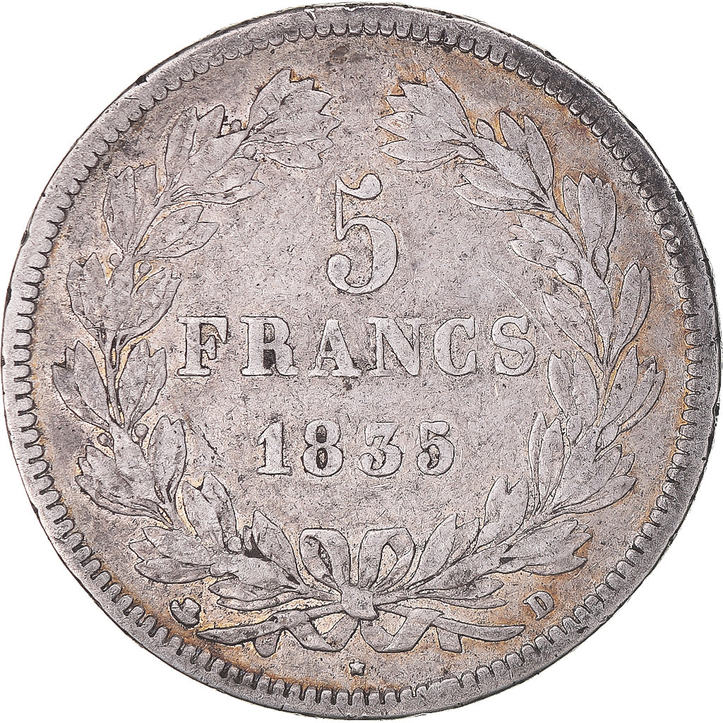 Moeda, França, Louis-Philippe, 5 Francs, 1835, Lyon, VF(20-25), Prata