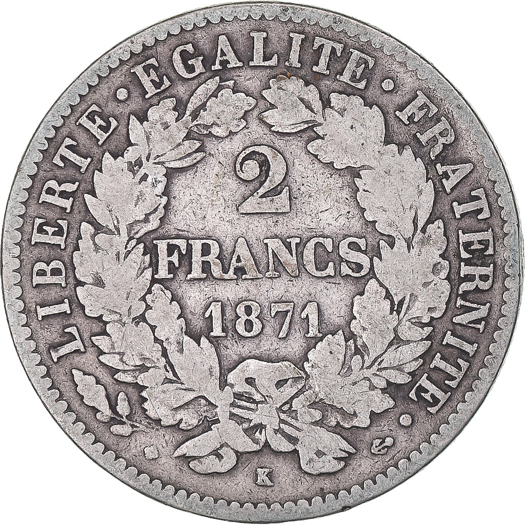 Coin, France, Cérès, 2 Francs, 1871, Bordeaux, VF(20-25), Silver, KM:817.2