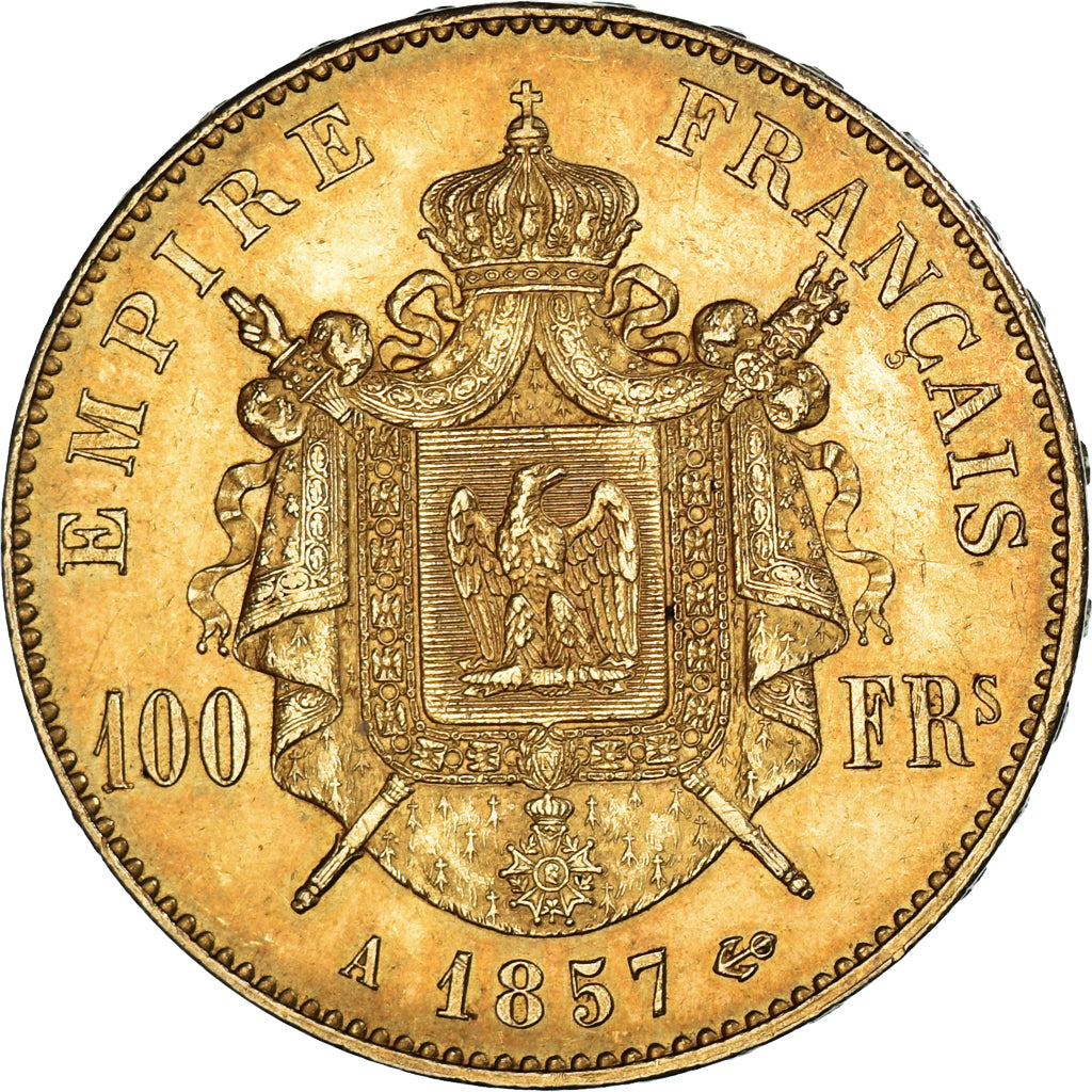 Moneta, Francia, Napoleon III, 100 Francs, 1857, Paris, BB, Oro, KM:786.1