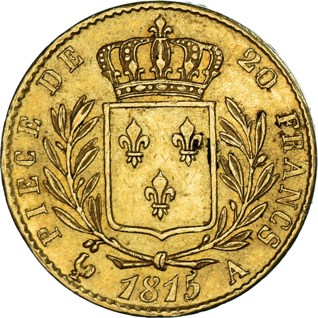 Moneta, Francja, Louis XVIII, 20 Francs, 1815, Paris, AU(50-53), Złoto