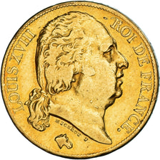 Moneta, Francia, Louis XVIII, 20 Francs, 1819, Paris, MB+, Oro, KM:712.1