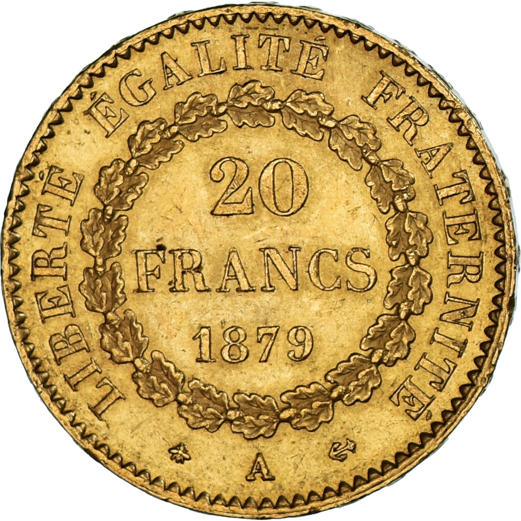 Moneda, Francia, Génie, 20 Francs, 1879, Paris, MBC+, Oro, KM:825, Gadoury:1063