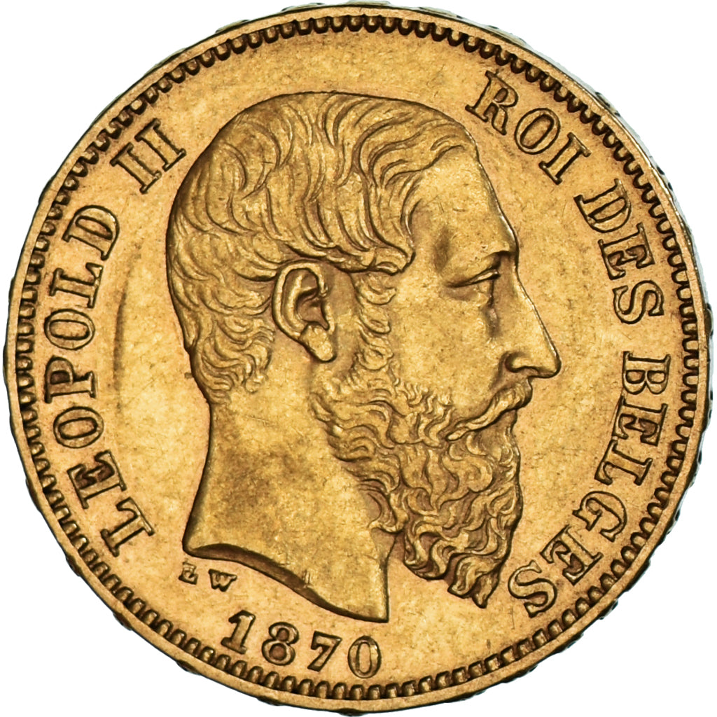 Moeda, Bélgica, Leopold II, 20 Francs, 20 Frank, 1870, Faulty edge, AU(50-53)