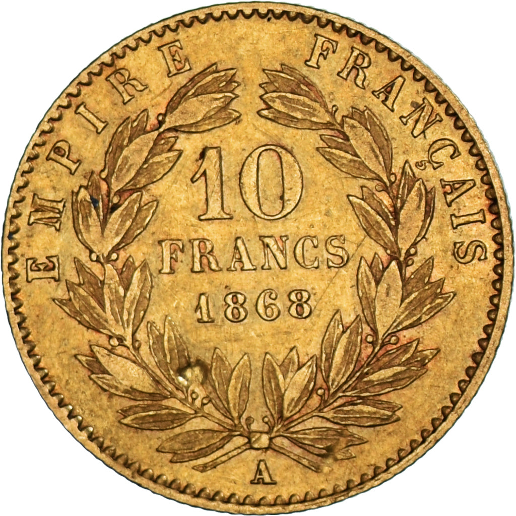 Moneda, Francia, Napoleon III, 10 Francs, 1868, Paris, BC+, Oro, KM:800.1