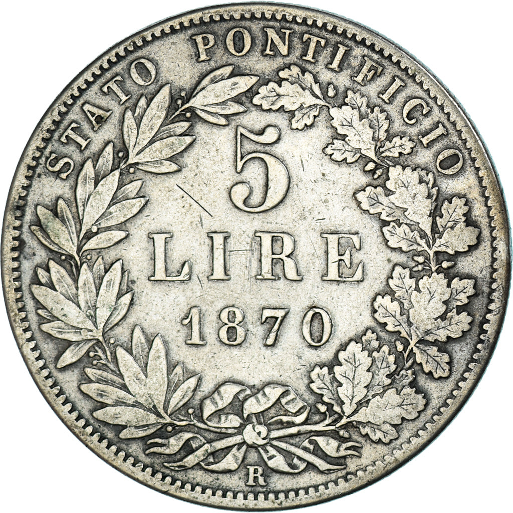 Monnaie, États italiens, PAPAL STATES, Pius IX, 5 Lire, 1870, Roma, TB+