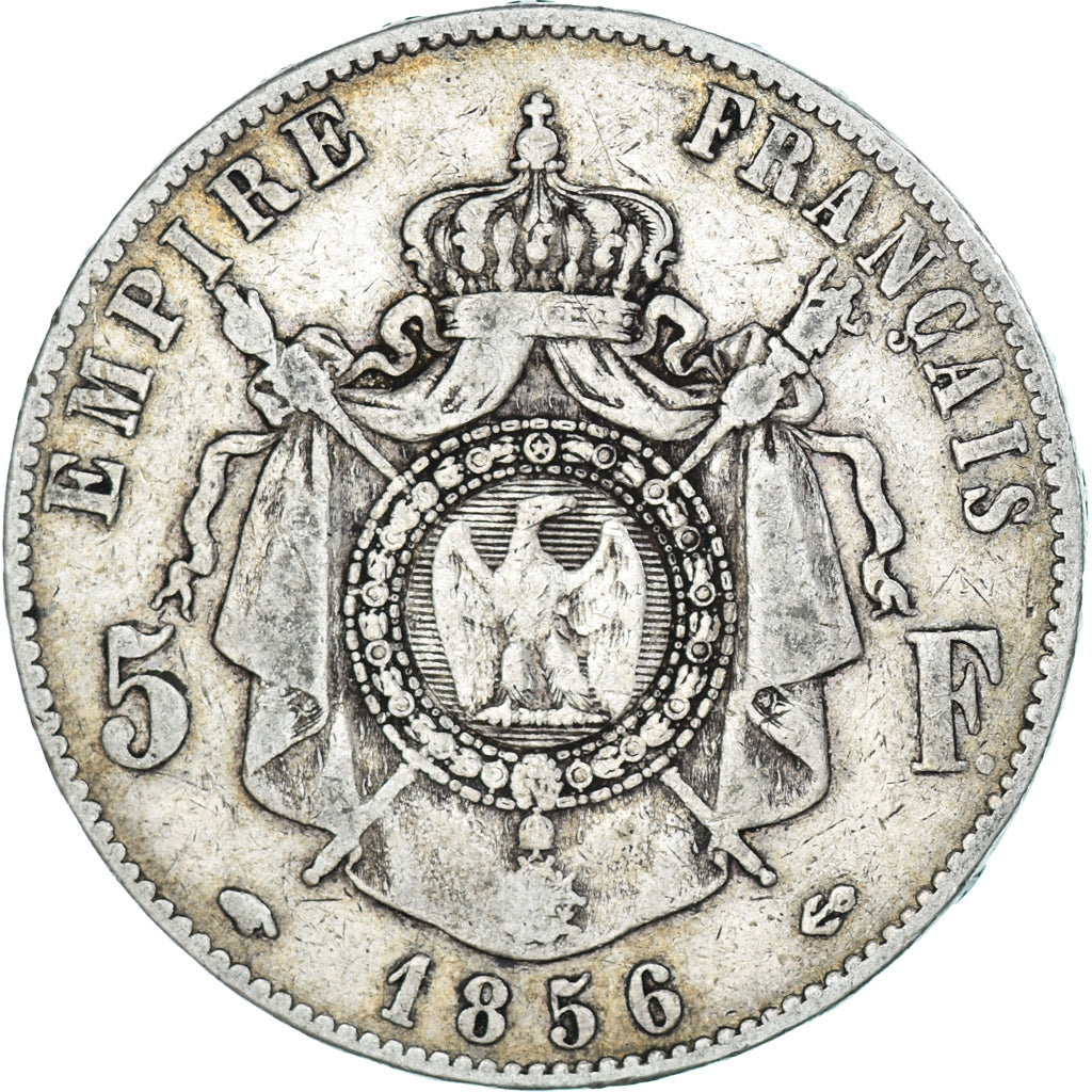 Moneda, Francia, Napoleon III, 5 Francs, 1856, Paris, BC+, Plata, KM:782.1