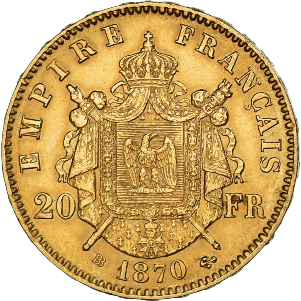 Moneta, Francja, Napoléon III, 20 Francs, 1870, Strasbourg, AU(55-58), Złoto
