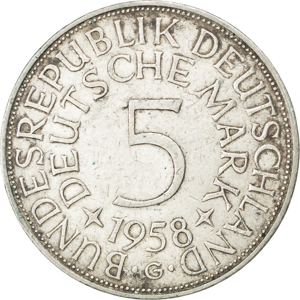 GERMANIA - REPUBBLICA FEDERALE, 5 Mark, 1958, Karlsruhe, BB, Argento, KM:112.1