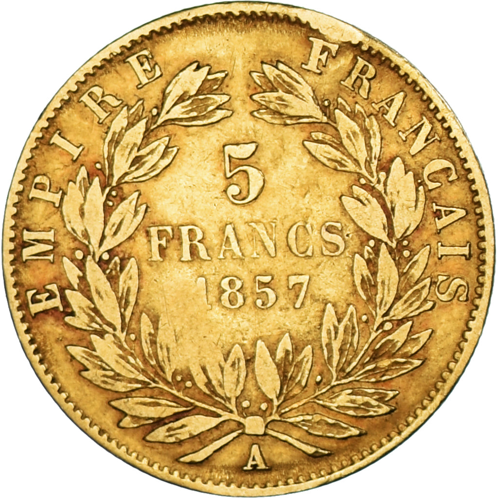 Moneta, Francia, Napoleon III, 5 Francs, 1857, Paris, MB, Oro, KM:787.1