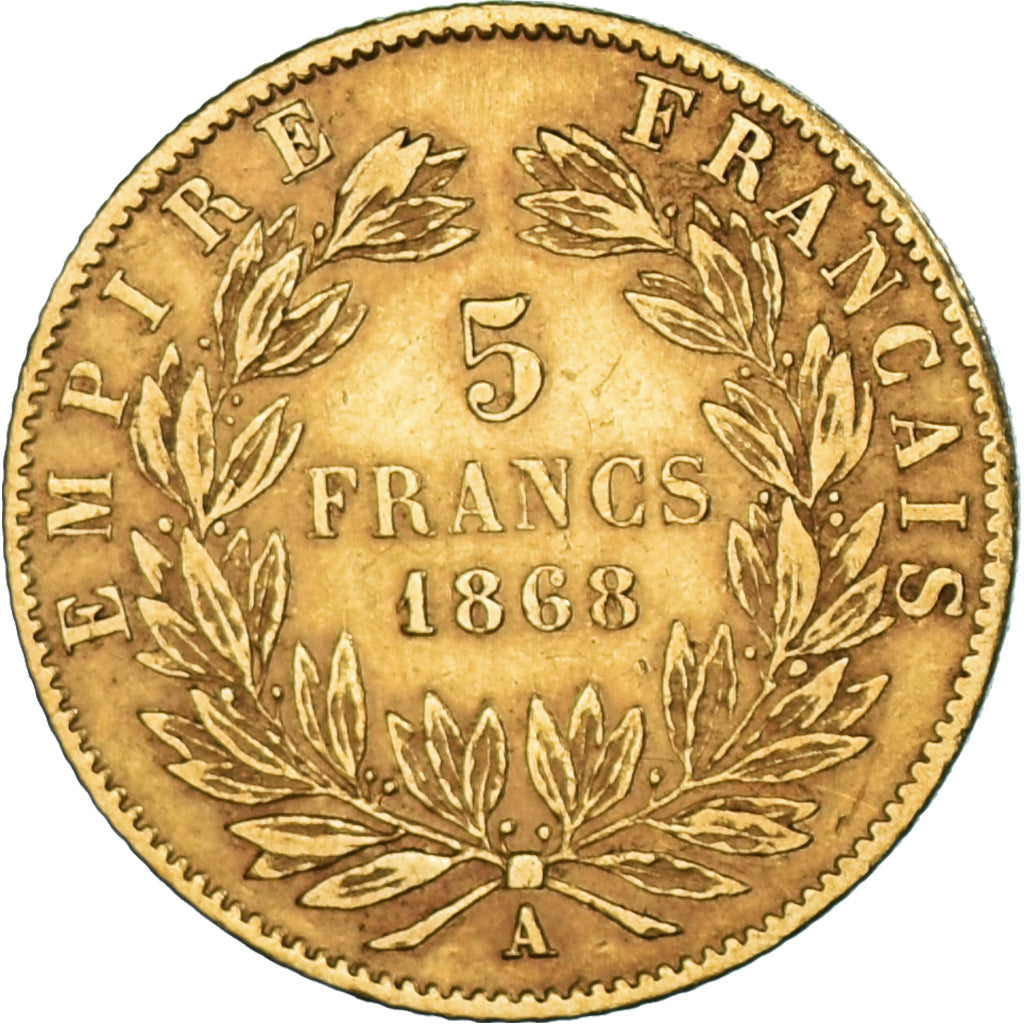 Moeda, França, Napoleon III, 5 Francs, 1868, Paris, EF(40-45), Dourado